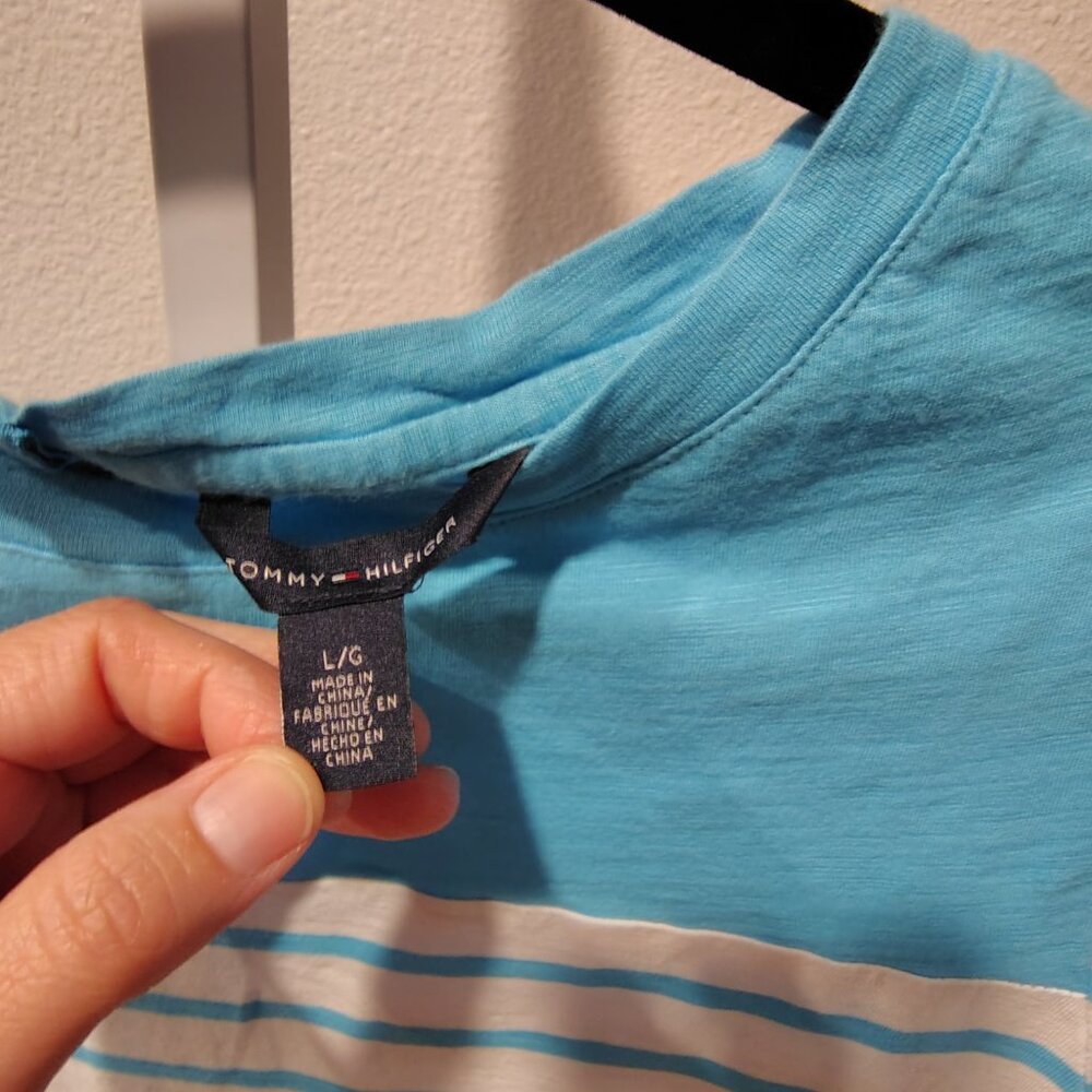 Tommy Hilfiger Women's Blue and White Striped Top Size Large Cotton Short Sleeve - Picture 6 of 11